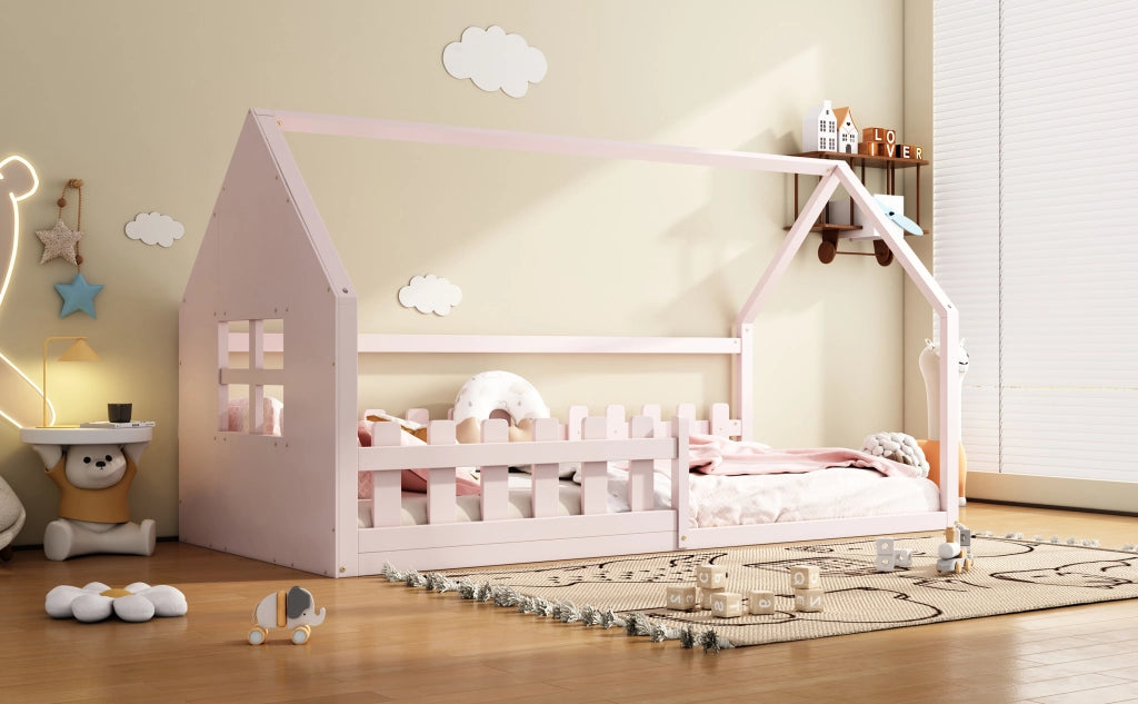 DESMIU Letto per bambini 1 posto con design a casetta, 90 × 200 cm, senza materasso, in pino e MDF, rosa