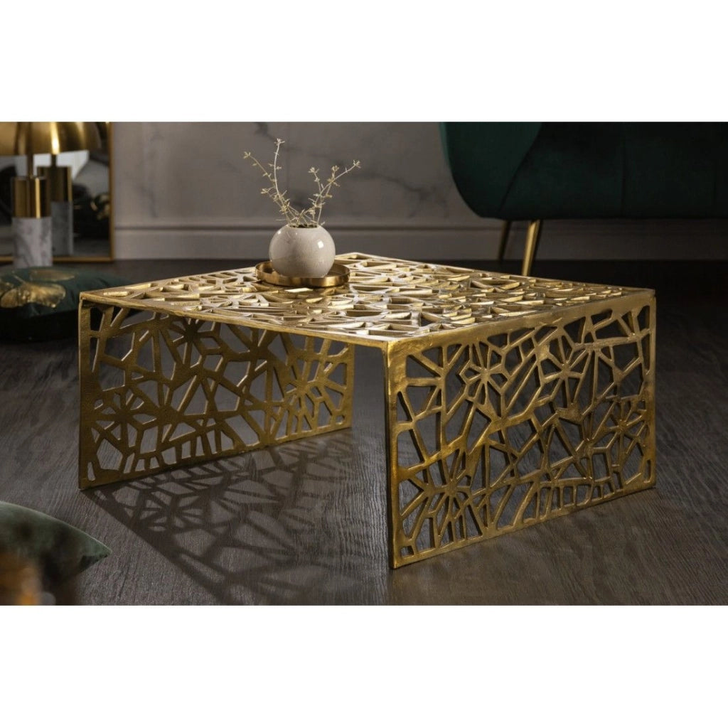 Tavolino basso METRIX quadrato 60 cm – Tavolino basso design in alluminio dorato con motivi geometrici