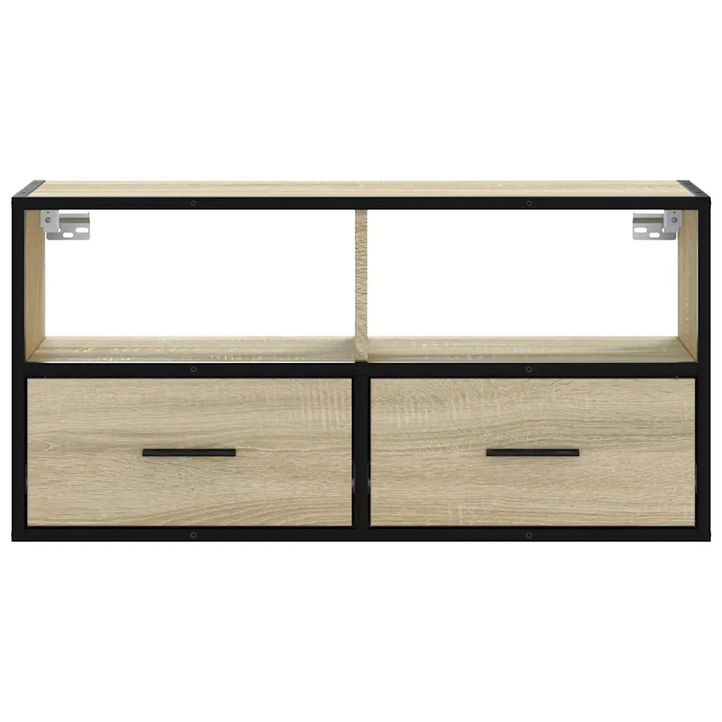 Mobile porta TV a parete dal design industriale 80 x 31 x 39 cm con ampio vano contenitore realizzato in legno di rovere Sonoma 02_0049626