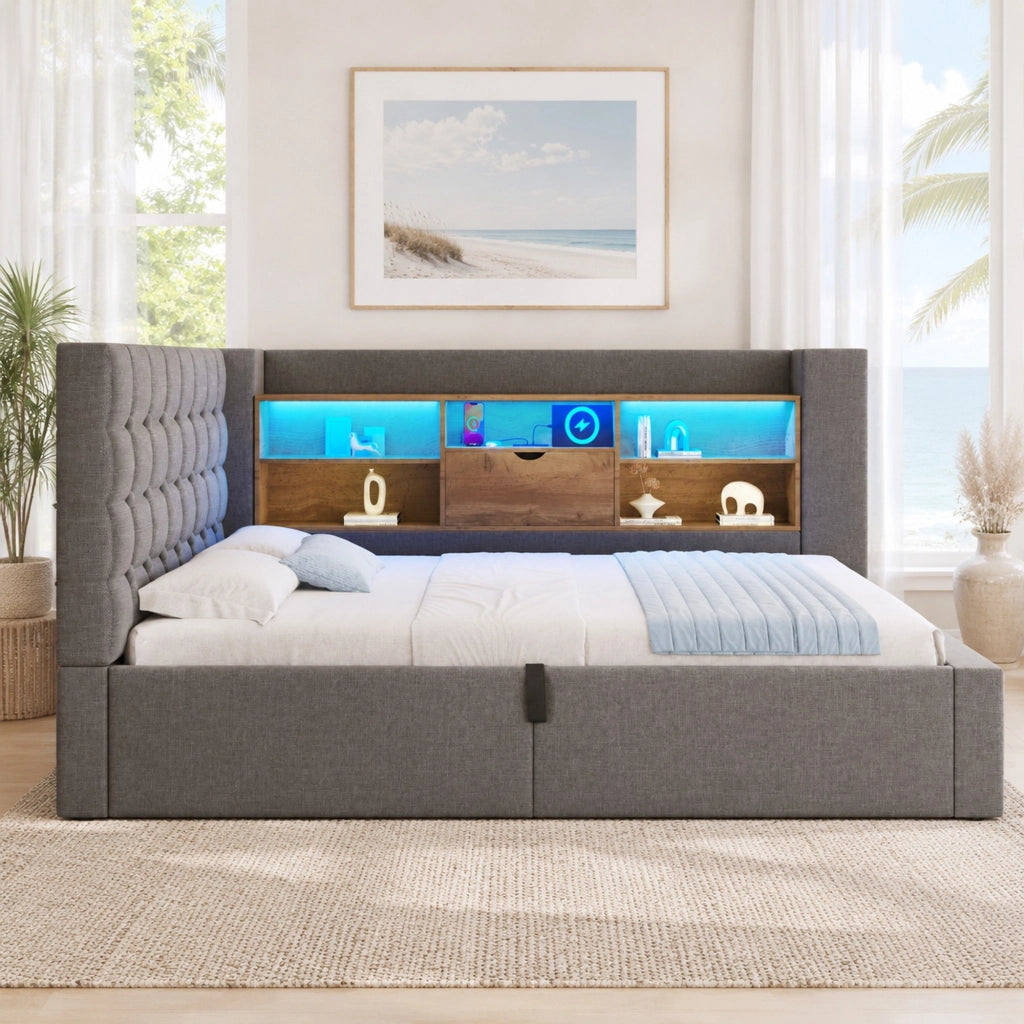 Letto singolo 90x200 cm con LED, USB-C e contenitore grigio