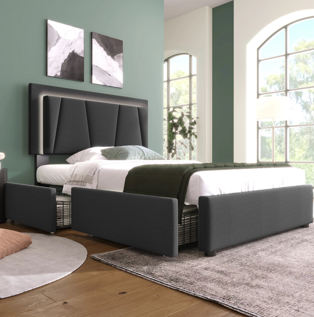 Letto singolo imbottito 90x200 cm con LED e 2 cassetti grigio