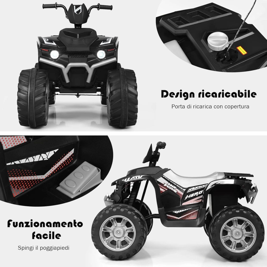 12 V Quad Elettrico per Bambini, Auto Elettrica Cavalcabile con Luci LED e Musica, Velocità Fino a 5km/h, per Bambini 3-7 Anni (Nero)