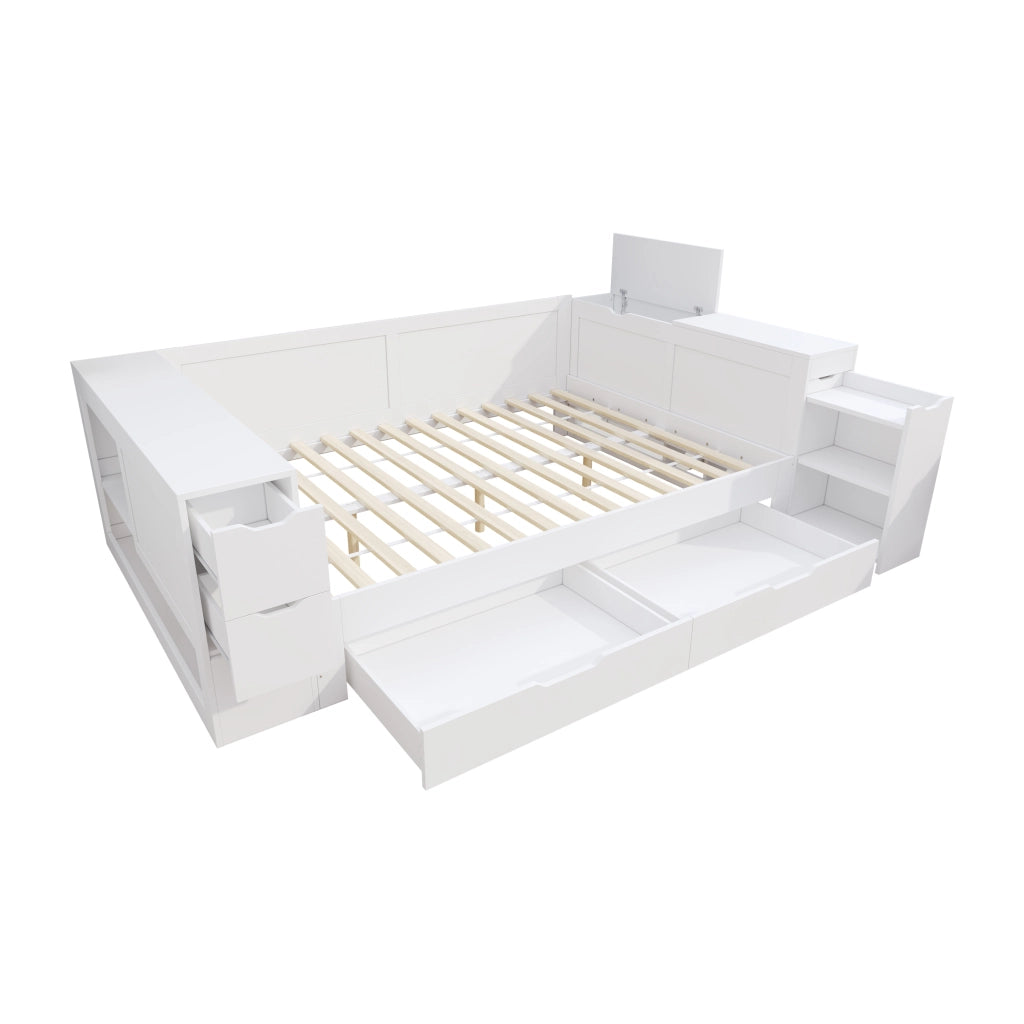 OKWISH Letto a Divano 140×200 cm, Letto Matrimoniale con Cassetto Grande, Ripiani e Armadietti Contenitore, senza Materasso, in MDF, Bianco