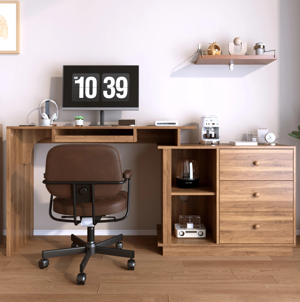 Scrivania multifunzione estensibile con 3 cassetti e 2 vani aperti; 110 cm; MDF color noce