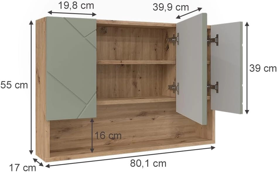 Specchio contenitore bagno Irma, Verde salvia, 80.1 x 55 cm, con specchio e ripiani aperti per montaggio a parete