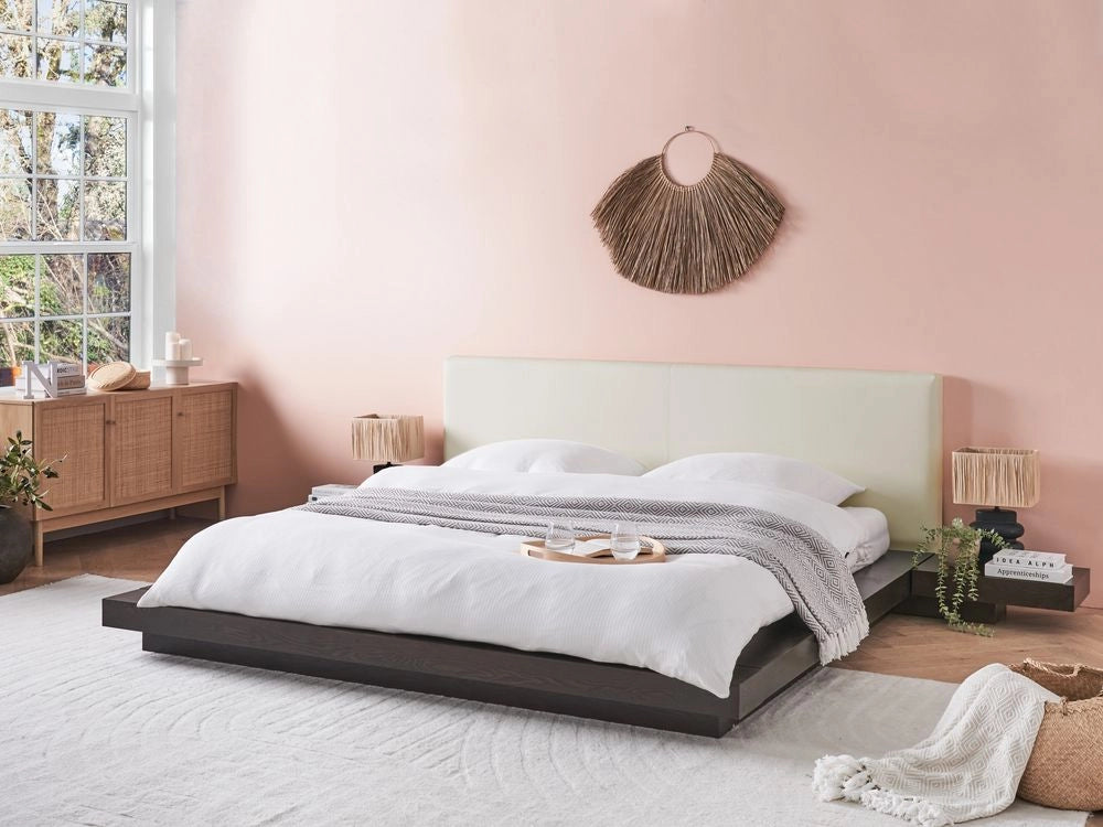 Letto ad acqua in stile giapponese in legno di frassino scuro 180 x 200 cm Testata in legno MDF con materasso in ecopelle