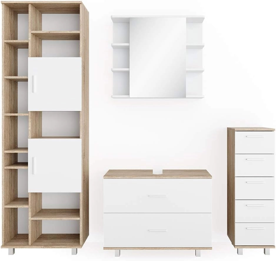 Set mobili bagno Ilias, Bianco/Sonoma, 80.2 cm, composto da mobile lavabo, pensile a specchio, colonna e base media