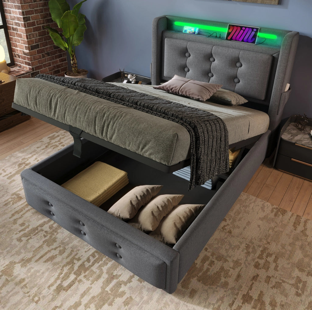 Letto singolo 90x200 cm con contenitore; LED e USB-C; in cotone e lino; grigio