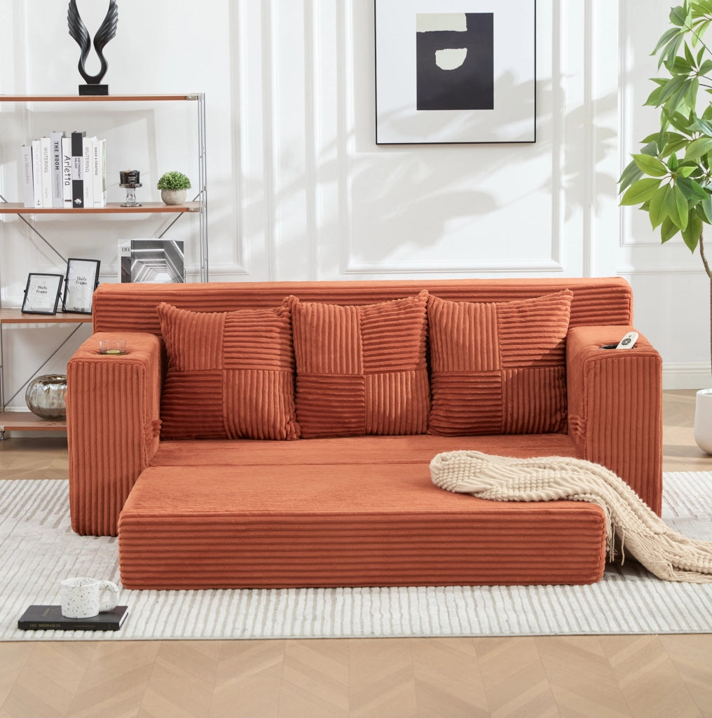 DIVANO MODULARE 2 POSTI a Pavimento 172x87x64 cm in Velluto a Coste Arancione