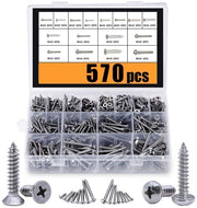 Set di viti autoalimentanti (570 pezzi), M3/M4/M5/M6 set di viti di fissaggio in acciaio inossidabile 304, set di viti a testa a croce (570 pezzi) con testa rotonda (285 pezzi) e testa piatta (285 pezzi)