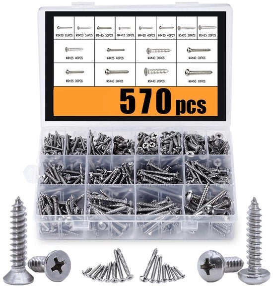 Set di viti autoalimentanti (570 pezzi), M3/M4/M5/M6 set di viti di fissaggio in acciaio inossidabile 304, set di viti a testa a croce (570 pezzi) con testa rotonda (285 pezzi) e testa piatta (285 pezzi)
