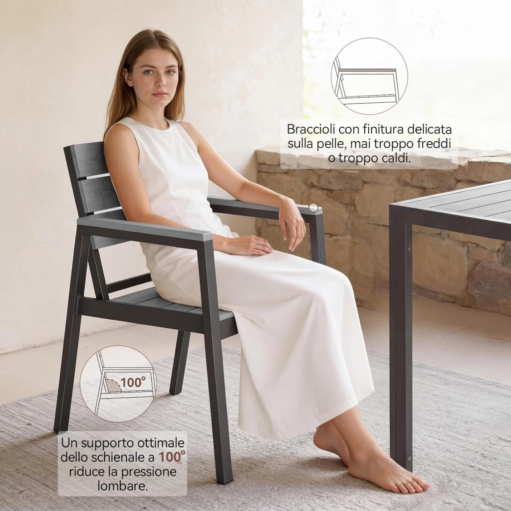 HDPS Set Tavolo e Sedie da Giardino 9 Pezzi Resistente alle Intemperie, Completo di Tavolo 189 cm e 8 Sedie da Esterno in Alluminio, Finitura a Vena di Legno e Facile da Manutenzionare (Grigio)
