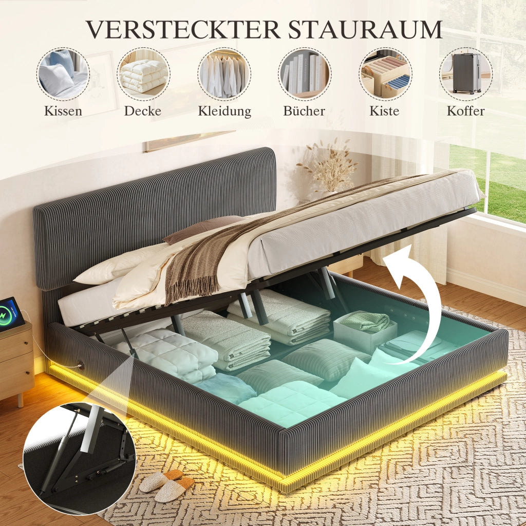 LETTO Contenitore 180x200 cm Grigio Scuro in Corduroy con LED e USB-C