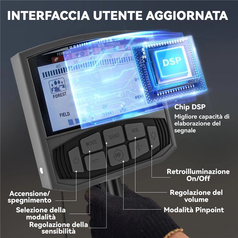 METAL DETECTOR PROFESSIONALE CON 5 MODALITÀ IMPERMEABILE IP68 E DISPLAY LCD RETROILLUMINATO