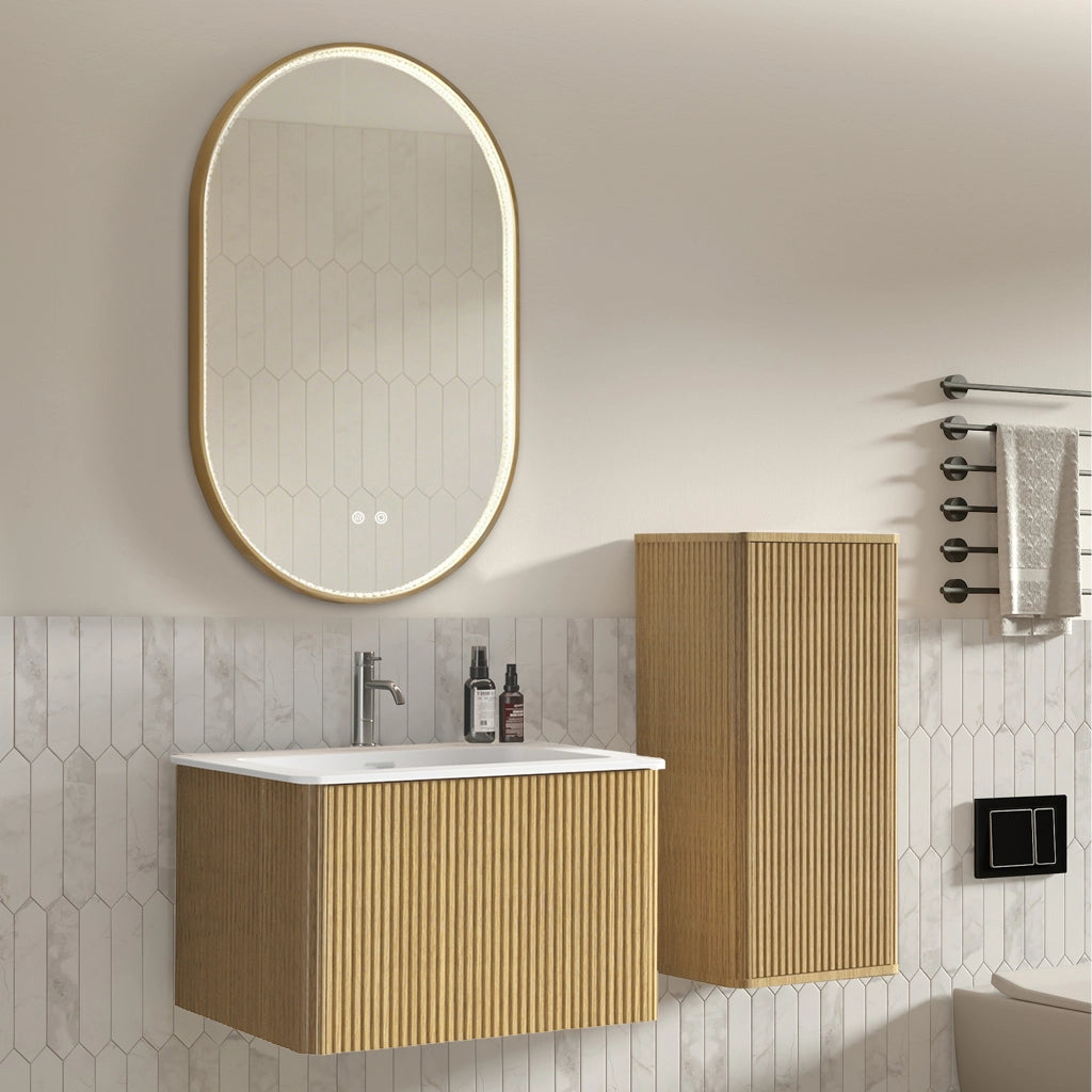 Mobile bagno sospeso con lavabo; colonna e specchio con LED e funzione antiappannamento per bagno; in MDF rovere