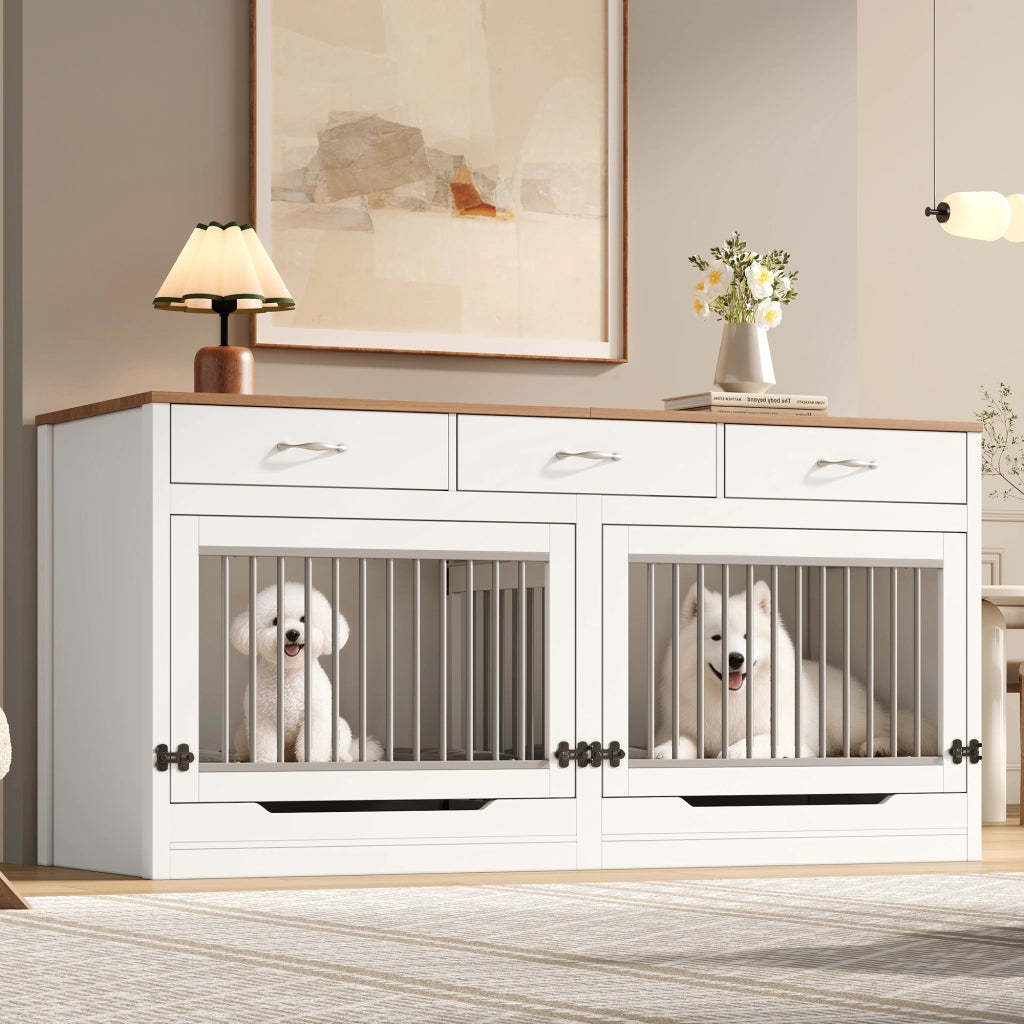 GABBIA PER CANI 164x60x81 cm MDF e metallo Bianco e naturale per 2 cani
