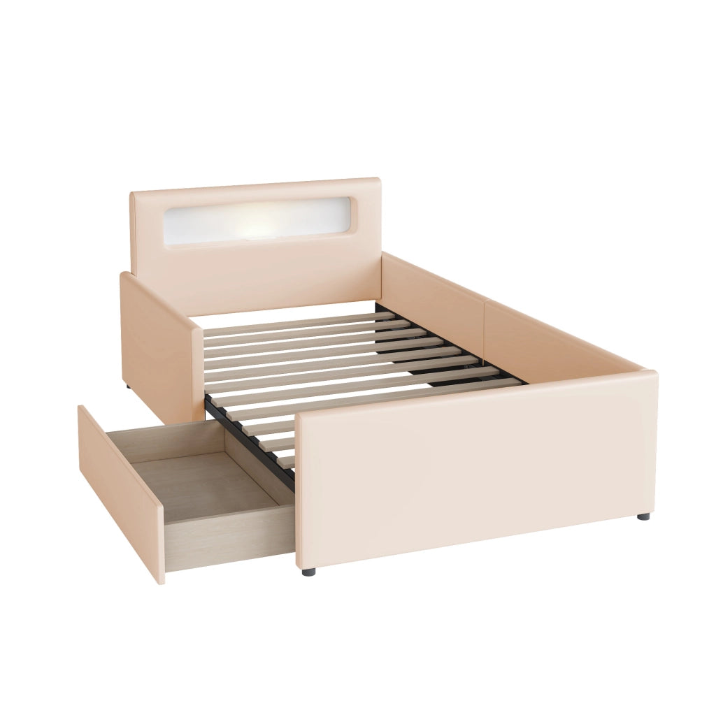 Letto imbottito per bambini 90x200 cm; con luce notturna e USB; ecopelle beige