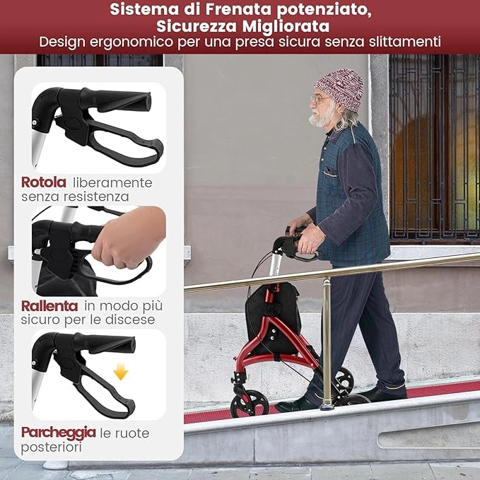 Deambulatore per Anziani in Alluminio Ultraleggero a 3 Ruote, Rollator per Anziani Pieghevole e Regolabile in 6 Livelli 86-96 cm con Borsa e Ruote Bloccabili, Portata 136 kg (Rosso)