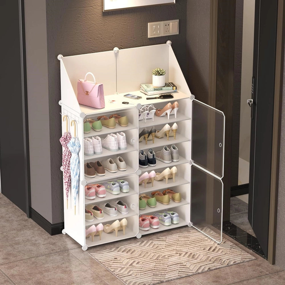 Trade Shop - Scarpiera 6 Livelli Portascarpe Impilabile Staccabile Porte Trasparenti Portaoggetti Ganci -