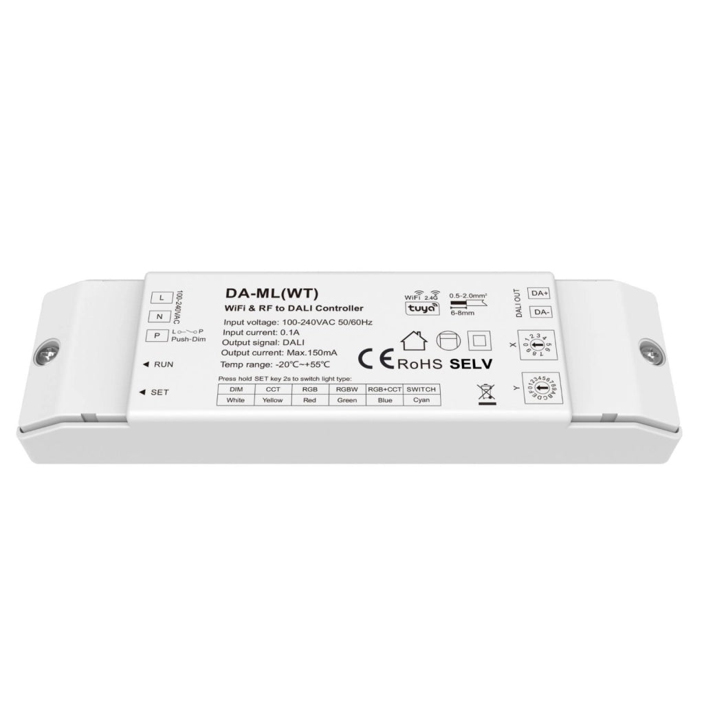 Dimmer DALI WiFi + RF 2.4GHz, Controller per DIM CCT RGB RGBW RGB+CCT, App Tuya Smart Life, Push Dim, 1 Indirizzo, Uscita 16VDC Max 150mA, Input AC220V