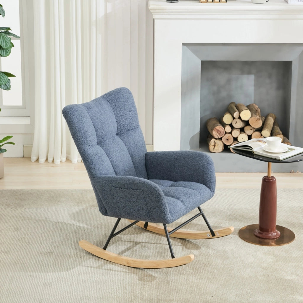 Poltrona a dondolo ergonomica con schienale avvolgente e tasca laterale per interni in tessuto teddy blu navy