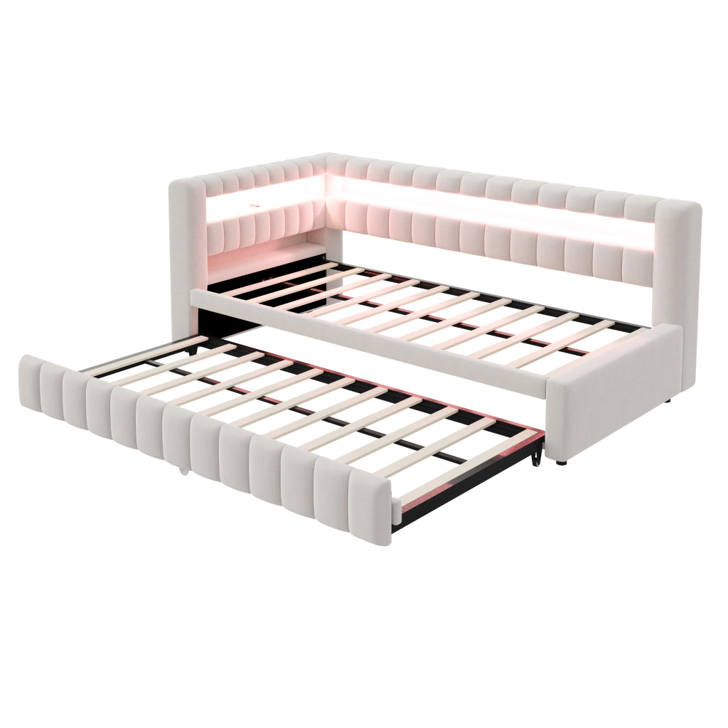 Letto imbottito estraibile 90x200 cm con LED, porte USB e tipo C, tessuto effetto velluto beige