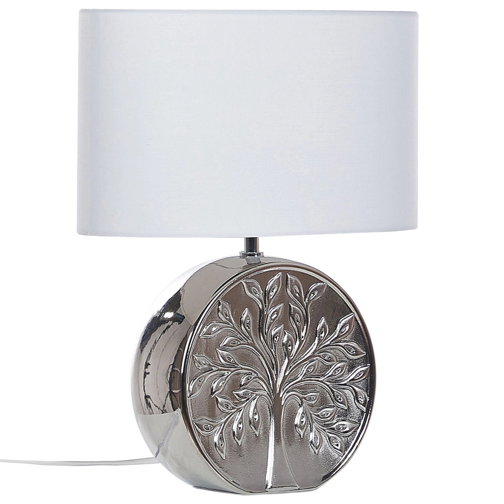Lampada da Tavolo Argento Ceramica 49 cm Glam Luce Notturna Paralume Albero Motivo Lucido Camera da Letto Soggiorno