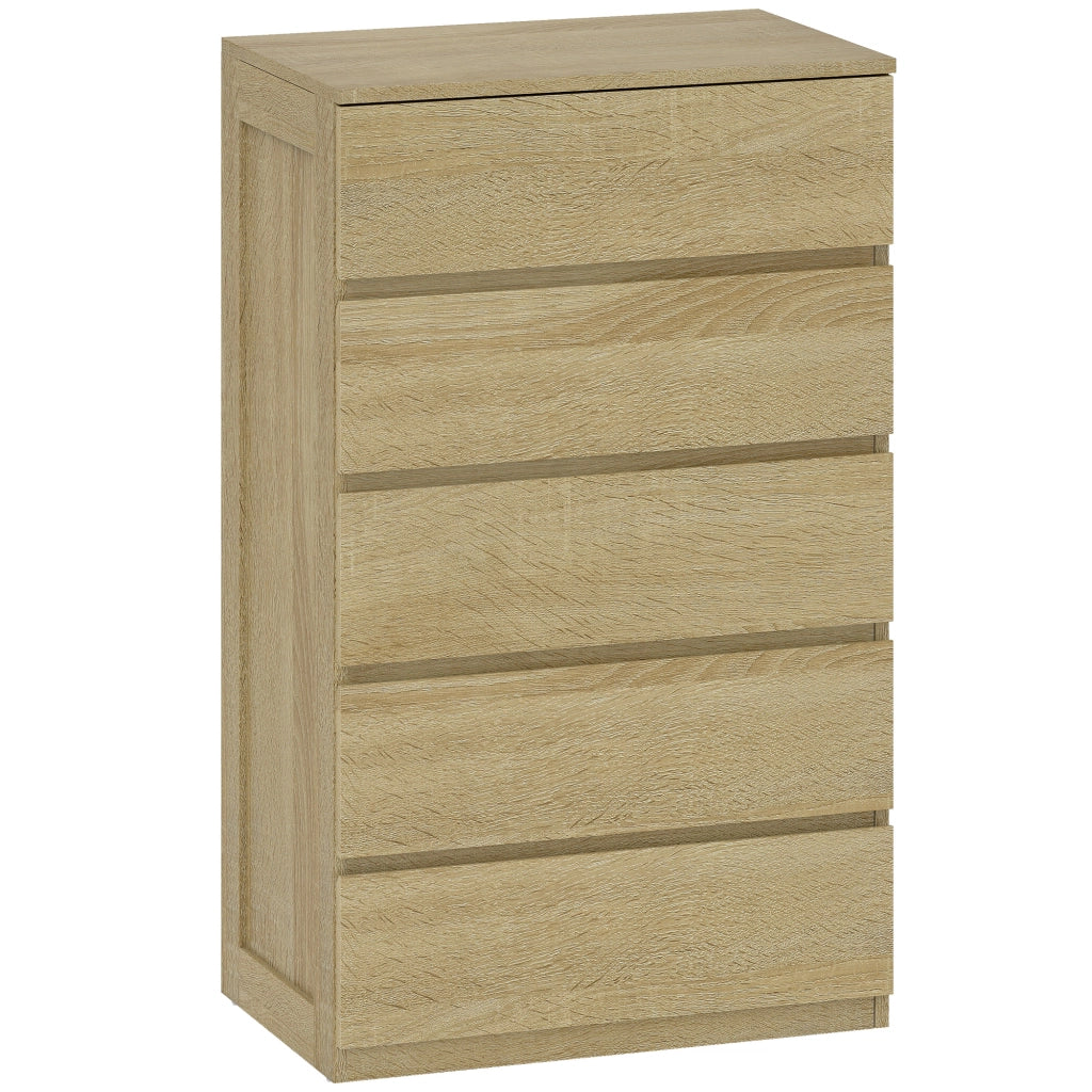 Cassettiera 5 Cassetti 60x39x100 cm in Legno con Guide in Metallo e Maniglie Scanalate color Faggio