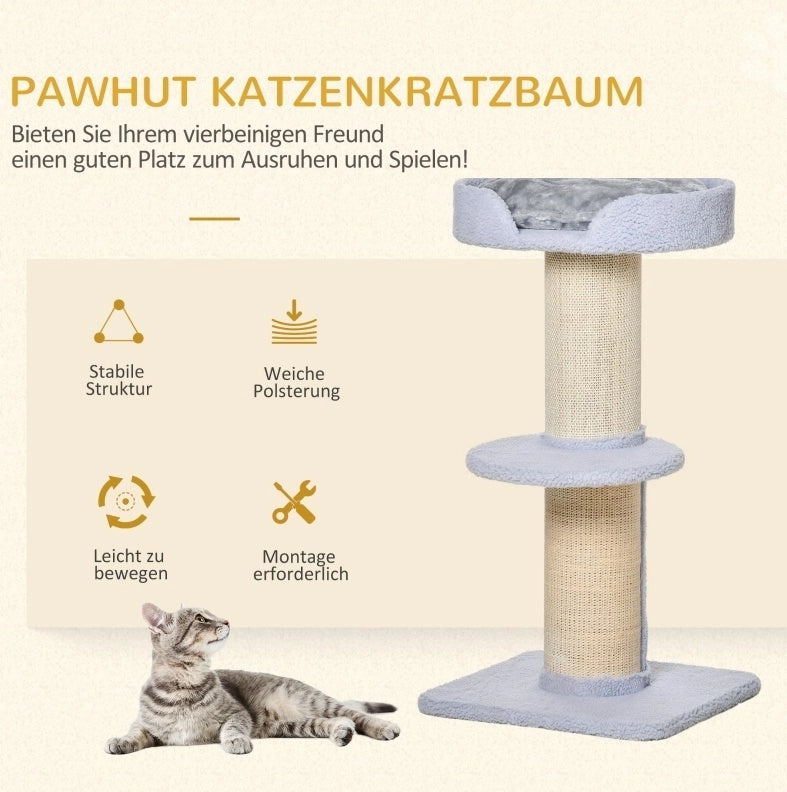 Tiragraffi per gatti azzurro chiaro con sisal, piattaforme e cuscino removibile