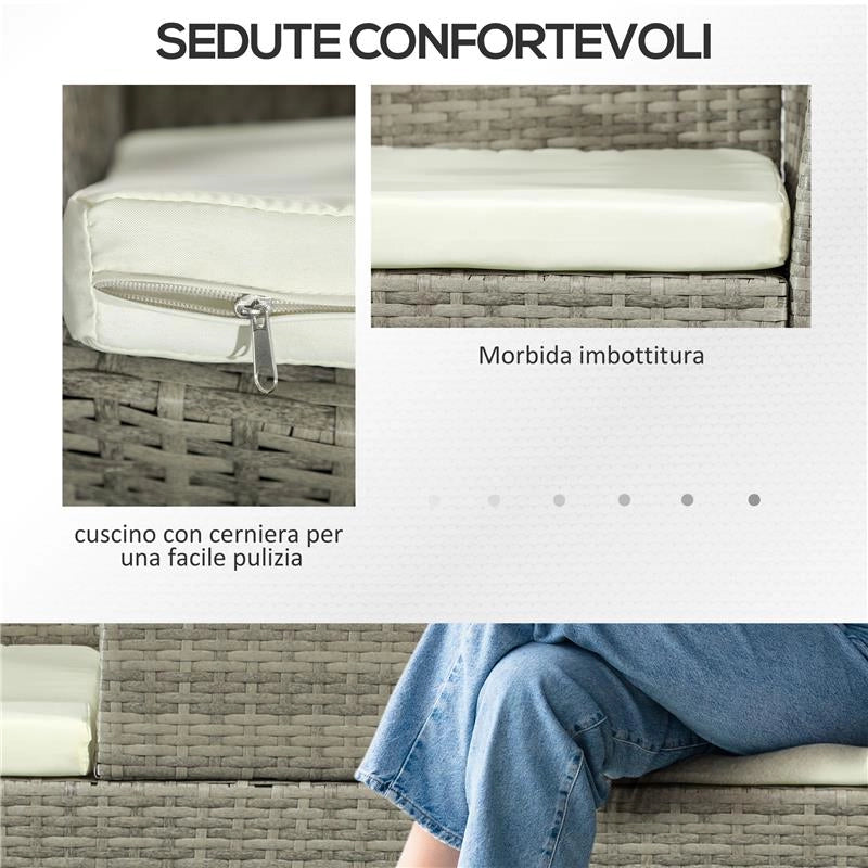 DIVANETTO PER ESTERNI 2 POSTI CON TAVOLINO DA CAFFÈ IN ACCIAIO E RATTAN PE 137X59X82 CM GRIGIO E CREMA