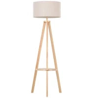 Lampada da Terra con Ripiano Intermedio Paralume in Lino Interruttore a Pedale Risparmio Energetico Altezza 154cm, Legno, 50x50x154 cm
