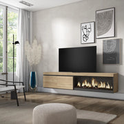 Mobile TV Soggiorno, 208x35x45cm, Per TV fino a 80", Camino elettrico XXL, da appendere, colore Rovere RF3281