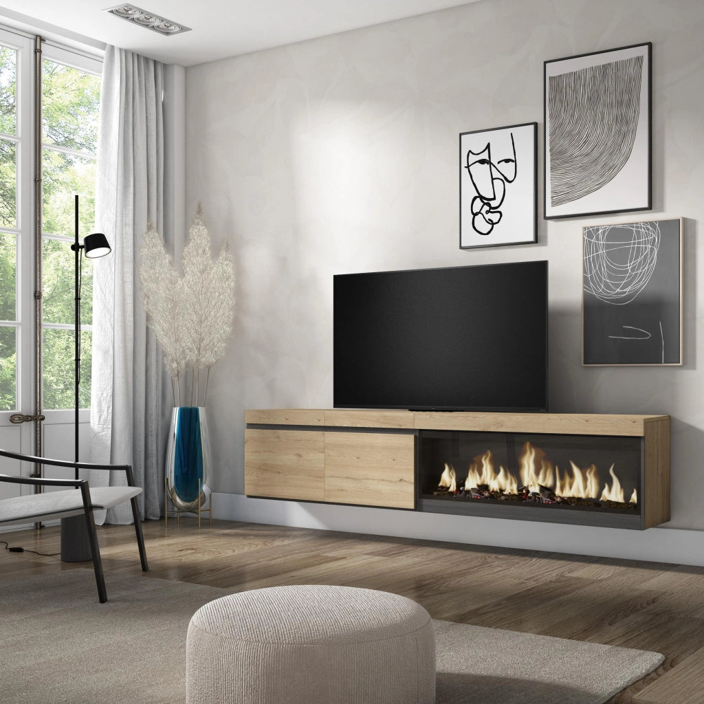 Mobile TV Soggiorno, 208x35x45cm, Per TV fino a 80", Camino elettrico XXL, da appendere, colore Rovere RF3281