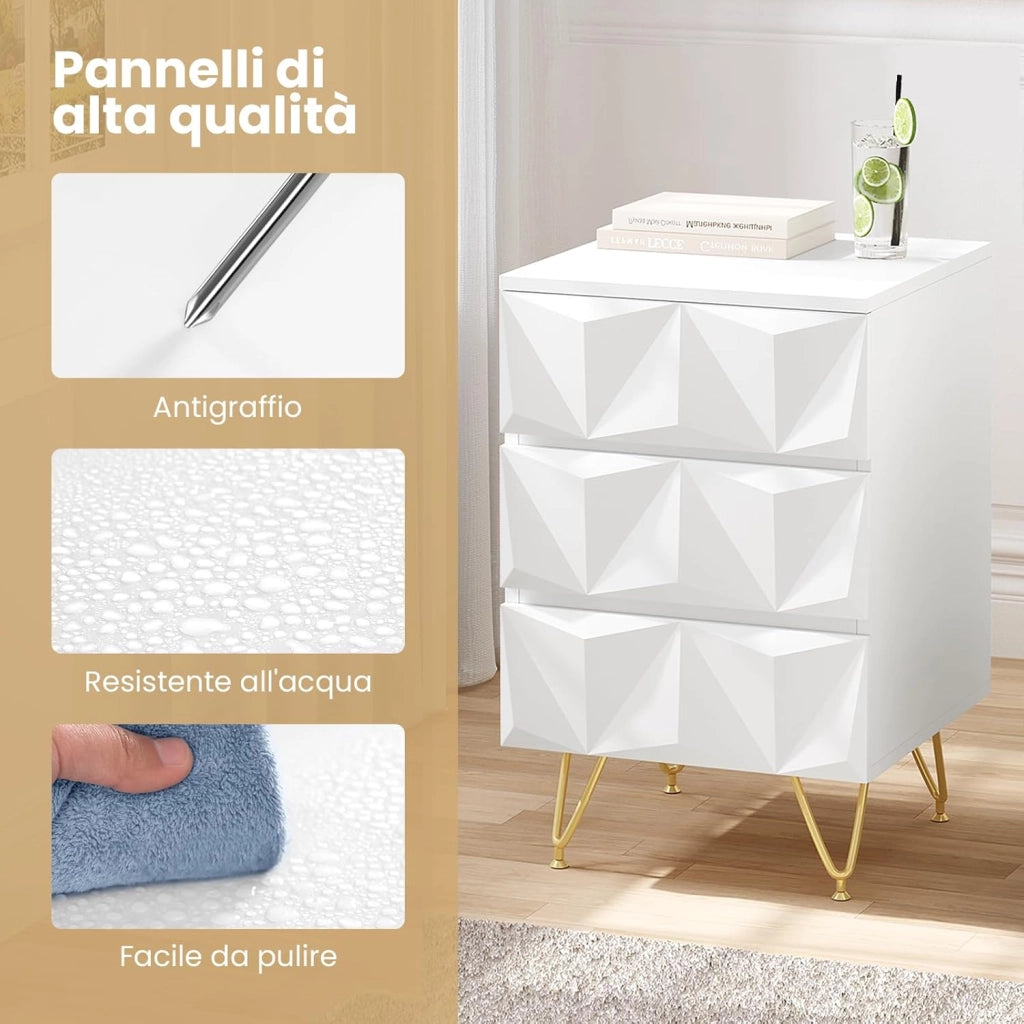 Comodino con 3 Cassetti, Frontale in Rilievo, Tavolino Cassettiera Moderno, 40x40x62,5 cm, Mobile da Letto per Camera da Letto, Soggiorno, in Legno e Metallo, Bianco e Dorato, 0004CTG