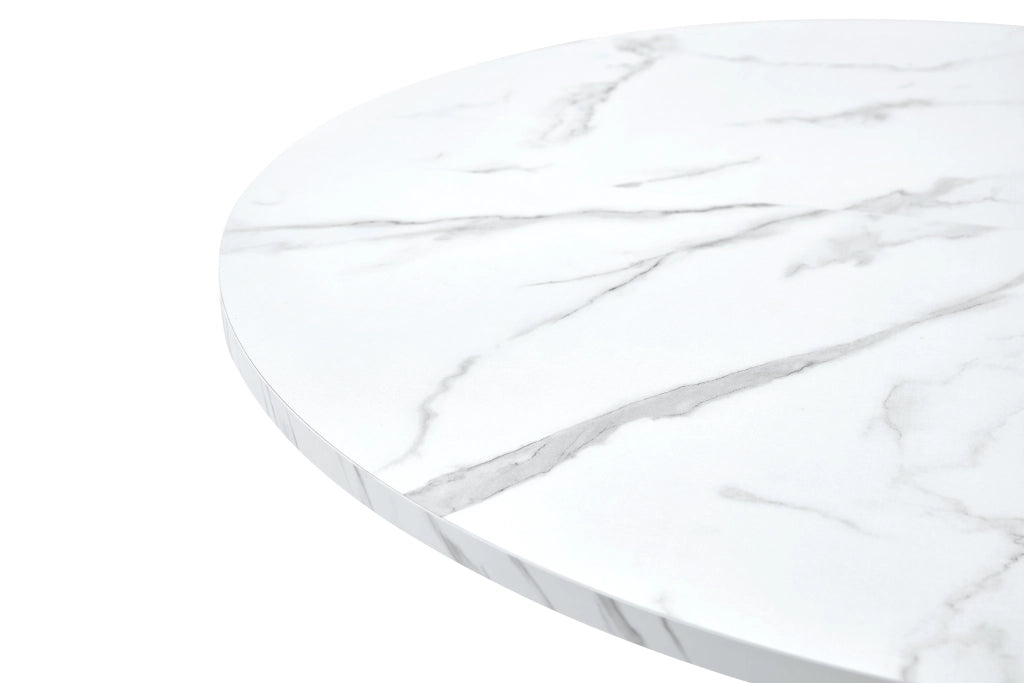 Tavolo da pranzo rotondo in MDF effetto marmo bianco con base incrociata in metallo per cucina e soggiorno nero diametro 110 cm