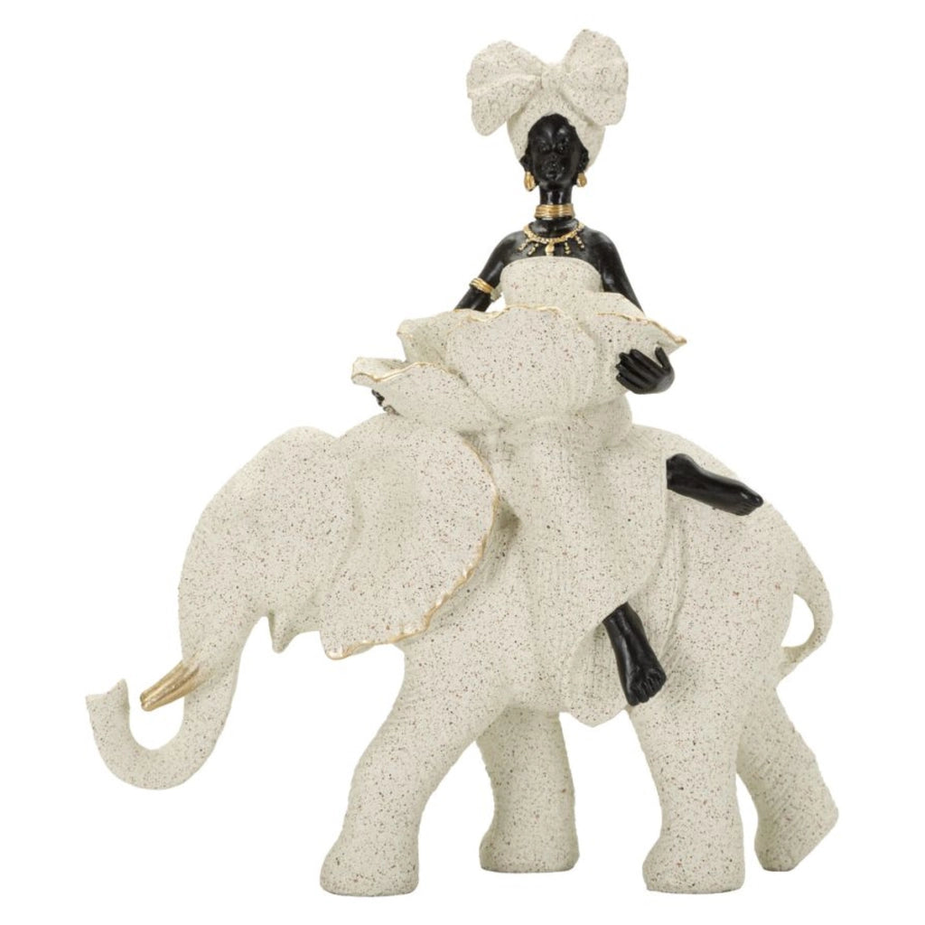 Scultura decorativa etnica donna su elefante in poliresina