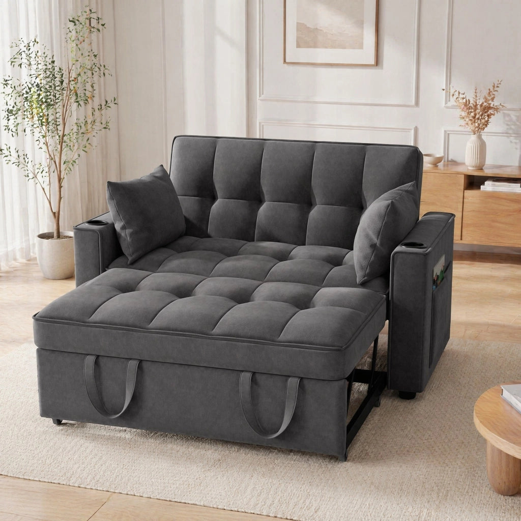 DIVANO LETTO 137x76,5x83 cm in velluto grigio con portabicchieri e cuscini