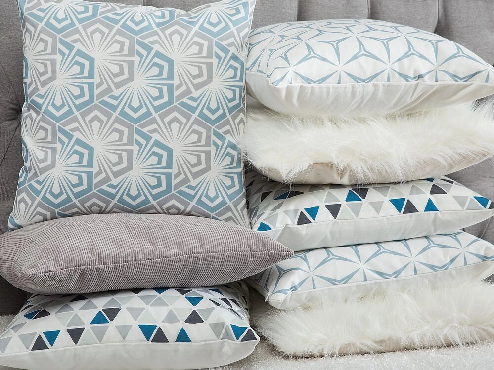 Set di 2 cuscini decorativi motivo triangolo grigio e blu 45 x 45 cm stampa geometrica moderna