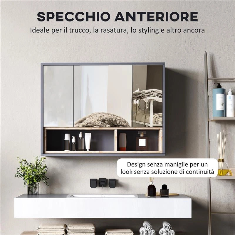 SPECCHIERA BAGNO A 3 ANTE CON ARMADIETTO 8 VANI E ANTE AMMORTIZZATE, 80X20X60 CM, GRIGIO
