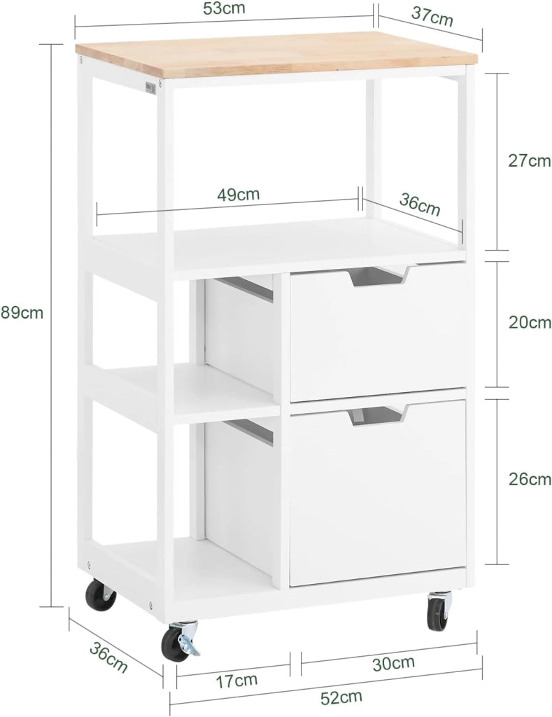 Carrello Cucina con Ruote Salvaspazio per Piccoli Spazi, Mobiletto Cucina con Cassetti e Ripiani, Carrello con Ruote Portatutto da Cucina, Isola Cucina Compatta Bianco 53x37x89 cm FKW111-WN