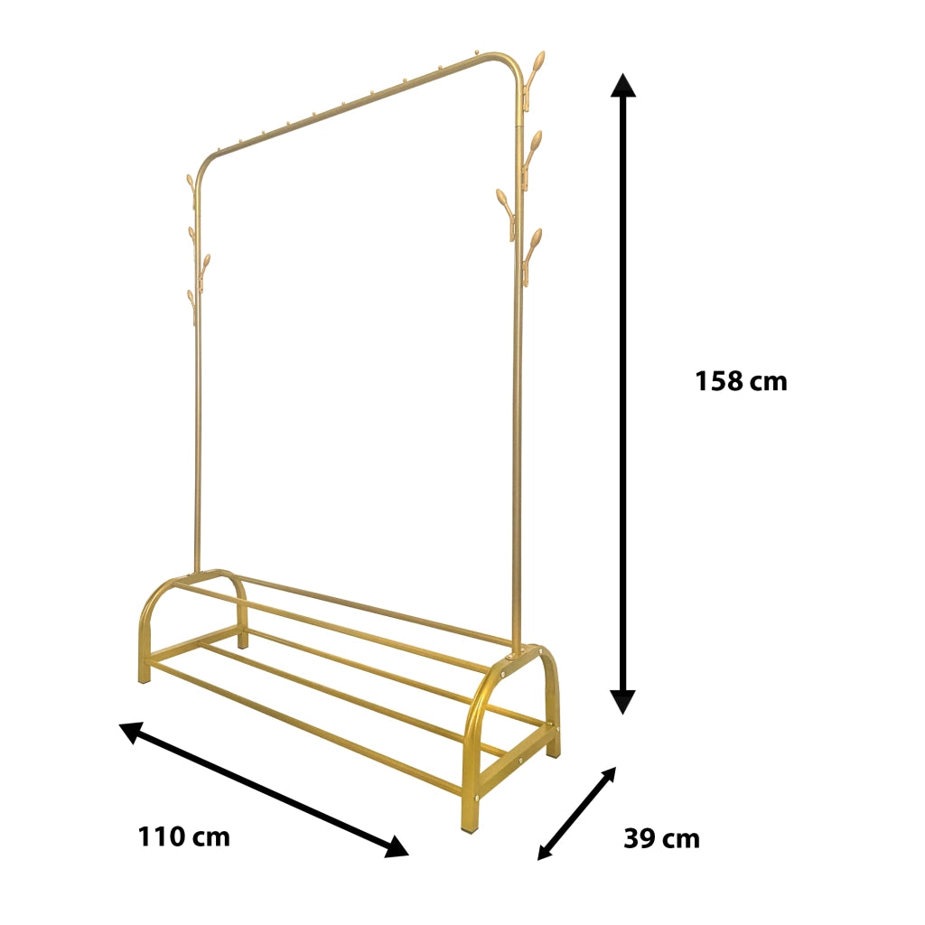 Appendiabiti Donkey Premium Rack a 2 supporti Nyana Home 158x110x39 cm, 1 barra appendiabiti, 8 ganci laterali, 2 ripiani inferiori Oro.
