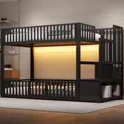 Letto a castello 90x200 cm con scala contenitore e LED, Nero