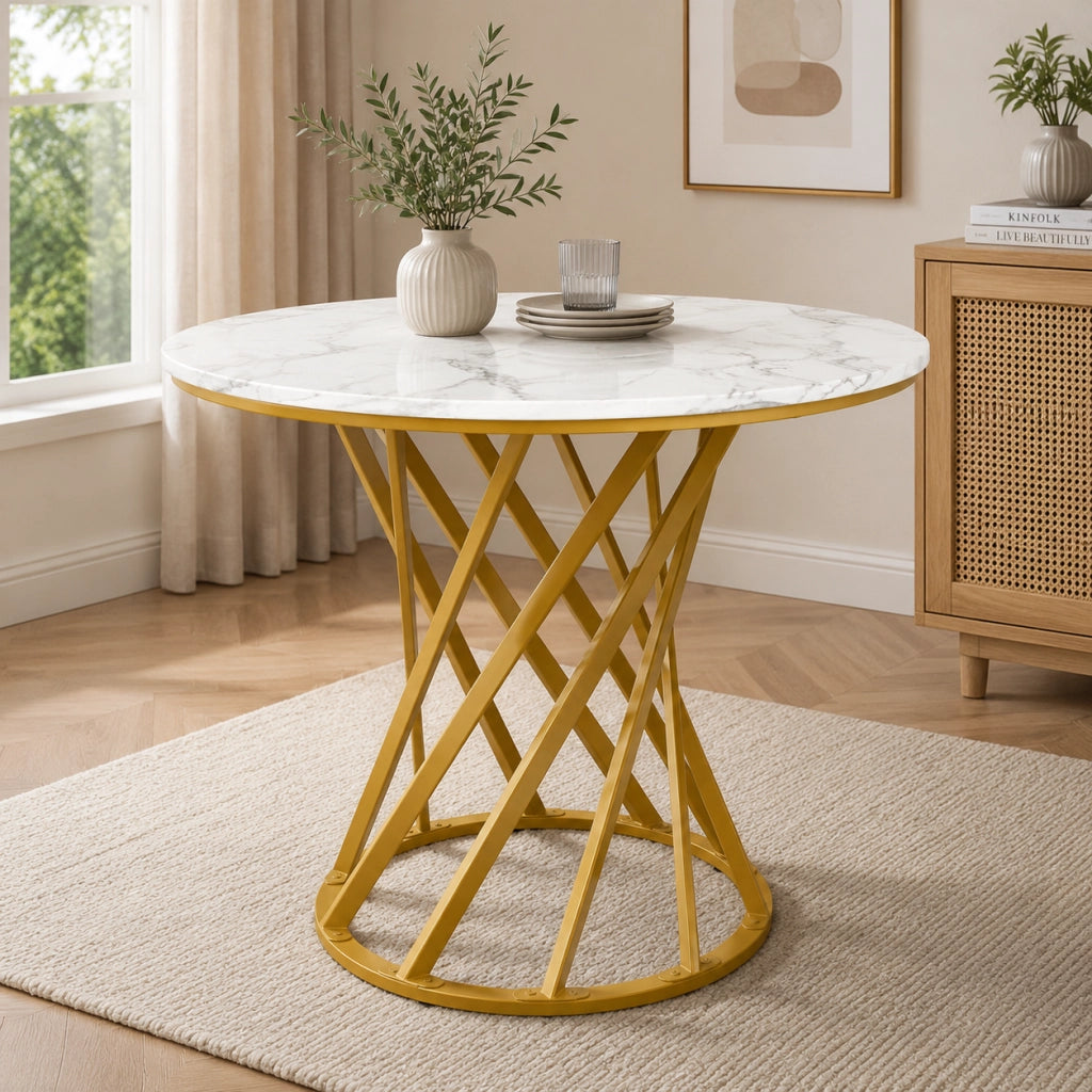 Set da pranzo 5 pezzi; tavolo rotondo 80x76 cm con motivo marmo; in MDF e metallo; multicolore