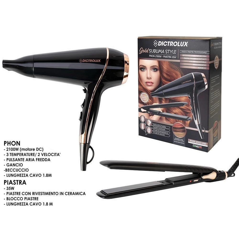 Trade Shop - Set Professionale Asciugacapelli Phon 2100 W + Piastra Per Capelli Lisciante 35 W -