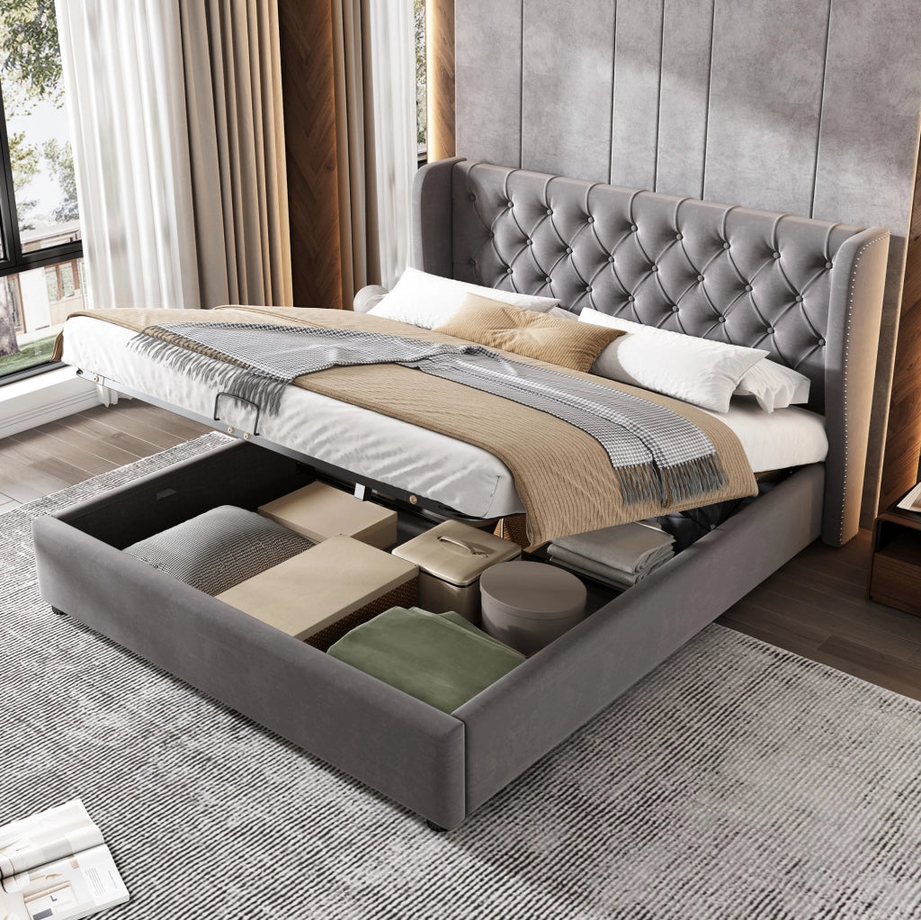 Letto matrimoniale imbottito con contenitore 140x190 cm in velluto grigio
