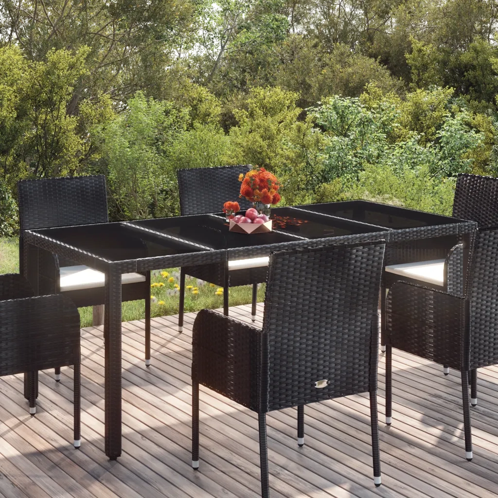Tavolo da Giardino | Tavolino da esterno Piano in Vetro Nero 190x90x75 cm Polyrattan