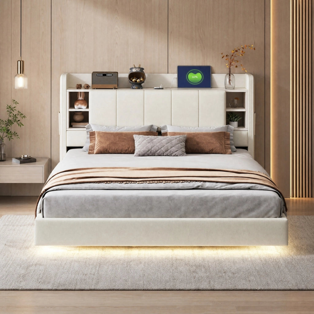 DESMIU Letto contenitore 160 × 200 cm 2 posti con LED, USB, ripiani e vani, senza materasso, beige