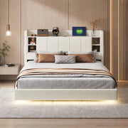 DESMIU Letto contenitore 160 × 200 cm 2 posti con LED, USB, ripiani e vani, senza materasso, beige
