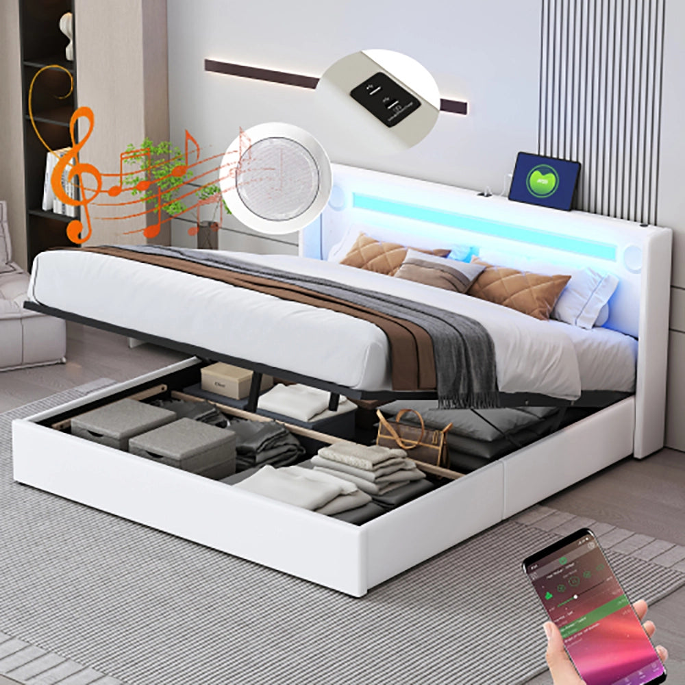 Letto con cassetti e LED Bluetooth - Xylo - 160x200 cm - Bianco - USB e rivestimento in pelle