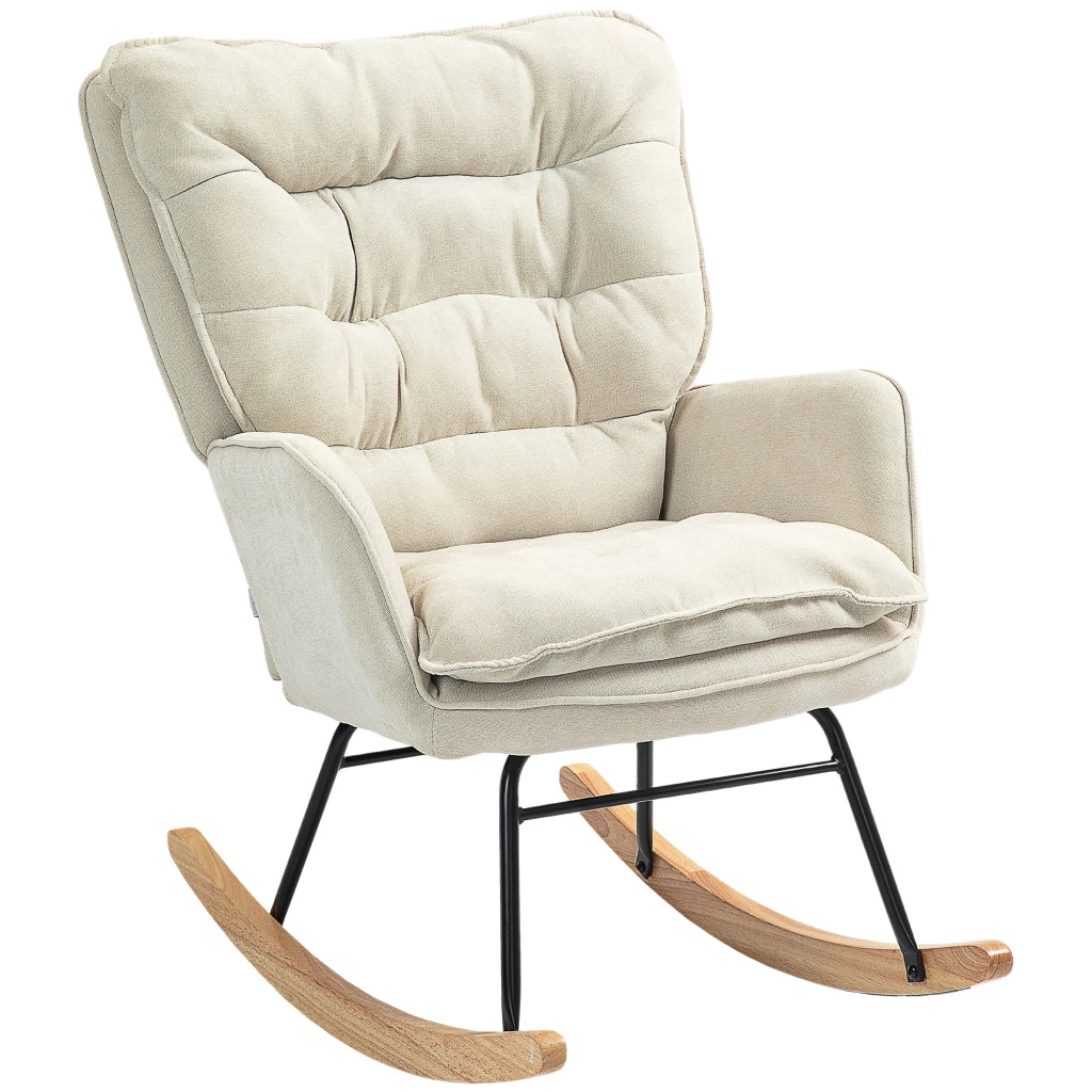 Poltrona a dondolo in tessuto chenille con braccioli, seduta ampia e schienale ergonomico beige 71 × 98,5 × 97 cm